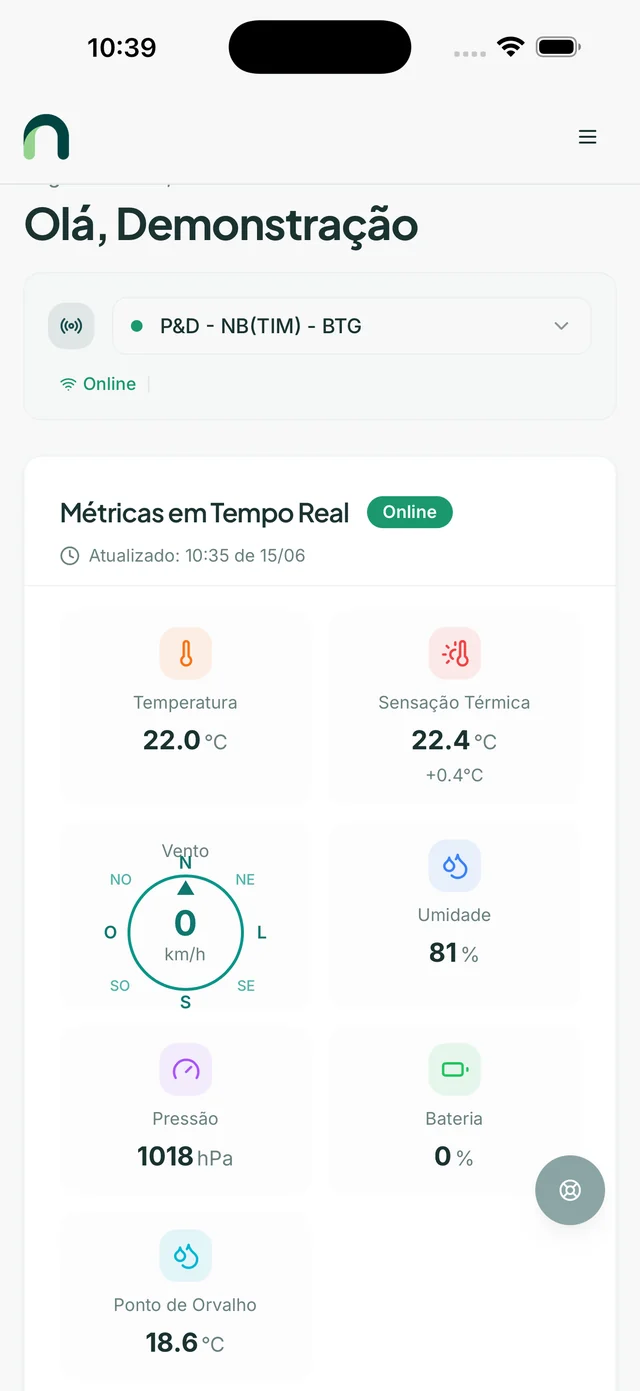 Dashboard do app Nuvon com métricas em tempo real da estação: temperatura, sensação térmica, vento, umidade, pressão, bateria e ponto de orvalho.