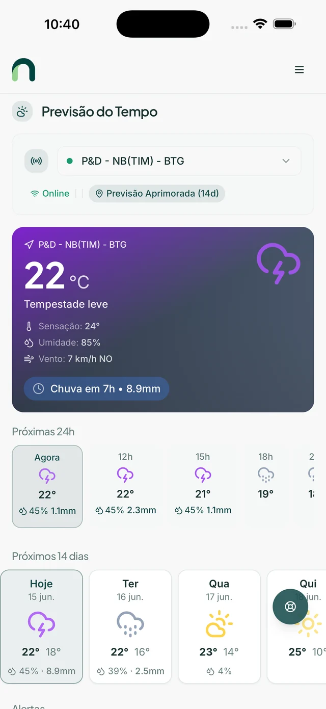 Tela de previsão do tempo do app Nuvon, com tempestade leve, previsão para as próximas 24 horas e próximos 14 dias.