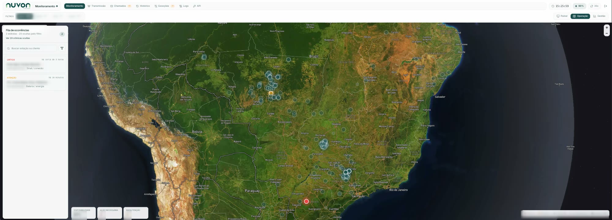 Painel de monitoramento da Agrosystem: mapa do Brasil com as estações por status e fila de ocorrências